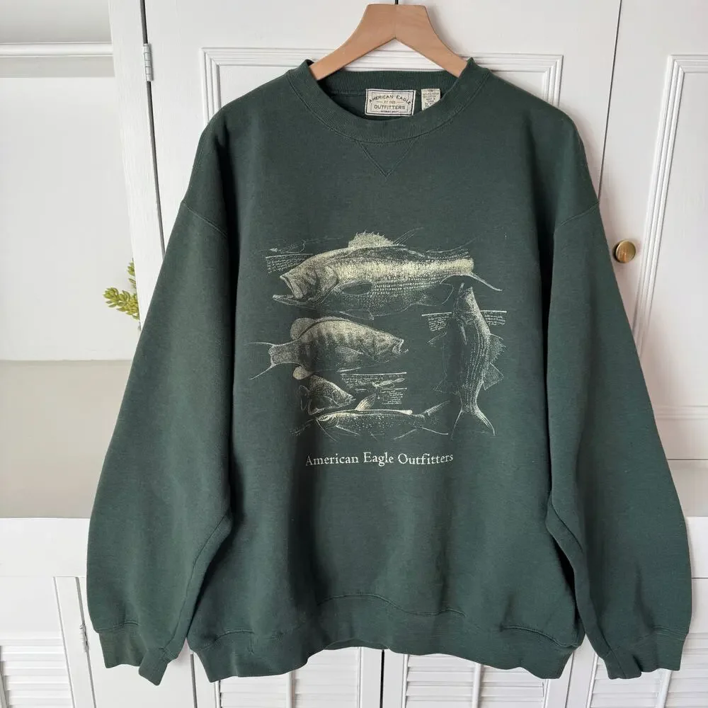 Vintage American Eagle Outfitters Forest Green Bass Fishing Sweatshirt Size XL - Picture 1 of 4